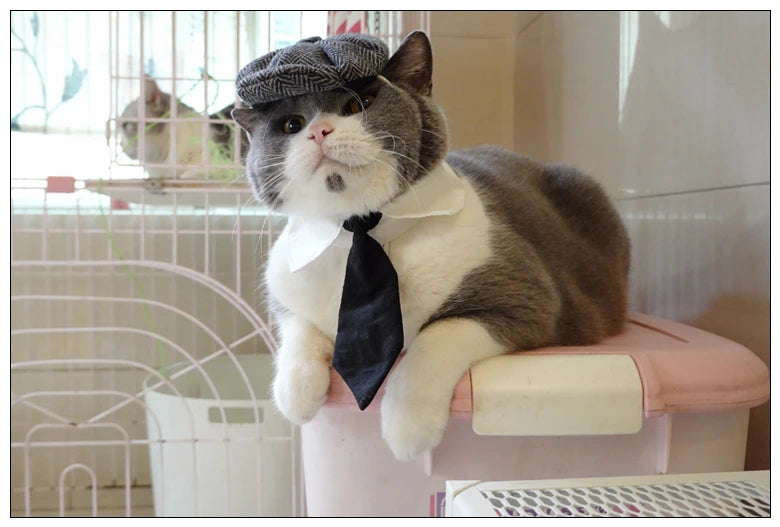 Funny Pet Cat Hat and tie Gentleman's Hat Beret Tie Bathing Blood Gangster Handsome Cosplay Photo Prop Pet Halloween Costume