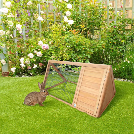 PawHut 46" x 24" Wooden A-Frame Outdoor Rabbit Hutch, Small Animal Cage, Bunny Hutch with Outside Run & Ventilating Wire, Yellow