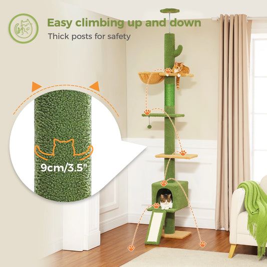 Adjustable Height 210-274CM Cat Tree Floor to Ceiling Tall Cat Climbing Tower with Cozy Condo Hammock Scratching Post Platforms