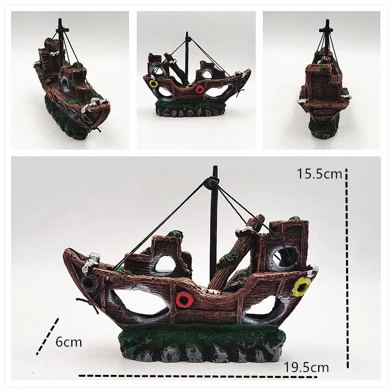 Aquarium Decor Fish Tank Resin Shipwreck Decoration Pirate Treasure Ship Fishing Net Ornament Accessories Statue For Fishes Hide