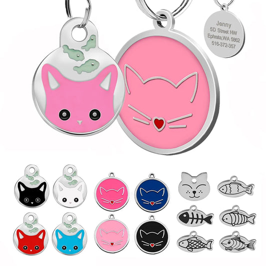 Cute Cat Tag Small Dog ID Tags Free Engraved Name Cats Kitten Name Tag Anti-lost Pet Collar Pendant Fish Shape & Cat Face Tags