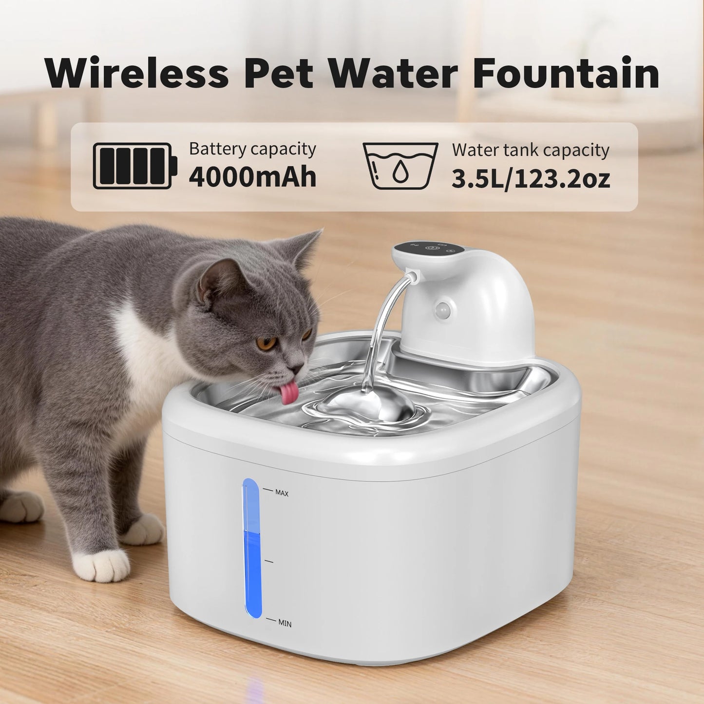 3.5L Cat Water Fountain Wireless Pet Water Dispenser With Stainless Steel Pallet 4000mAh Battery Motion-Sensing Water Dispensing Filter is available separately