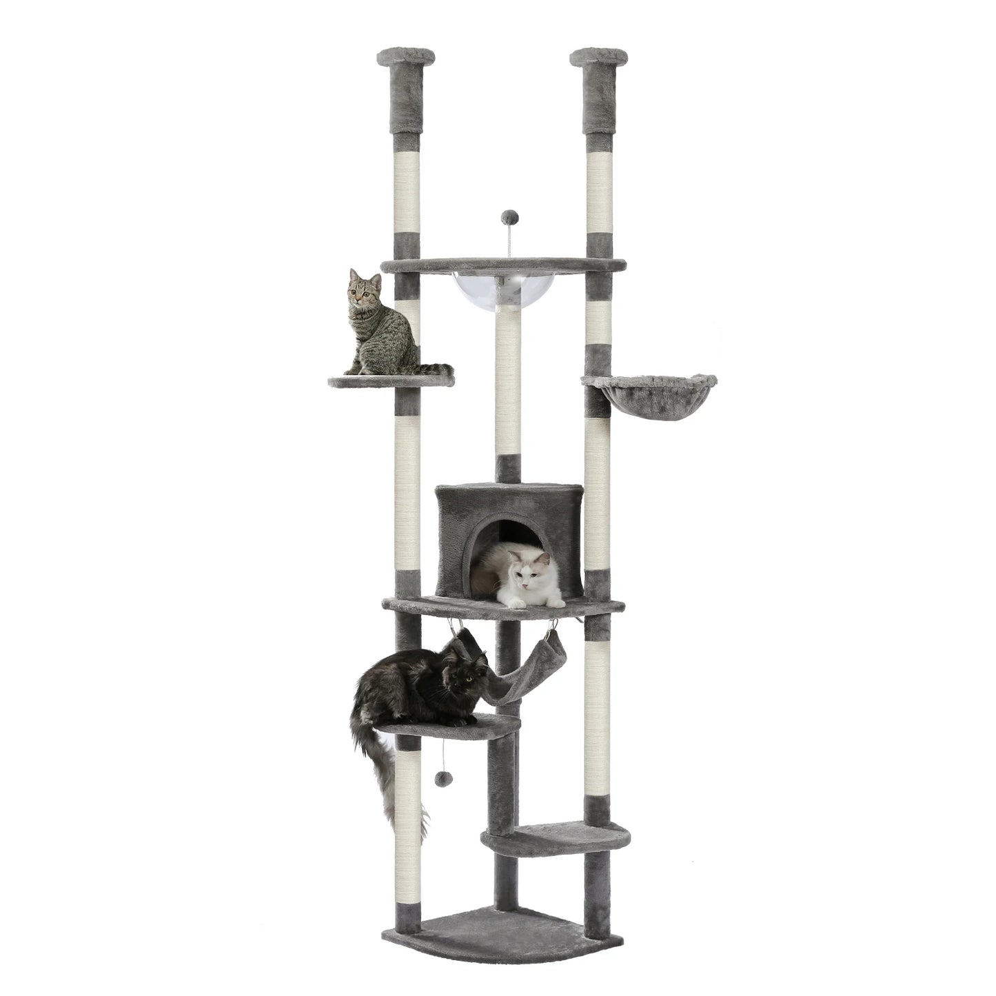 Floor to Ceiling Cat Tree Adjustable Cat Tower Tall Kitty Climbing Play House Tall Kitty Climbing Play House with Scratching Posts Cozy Condo Perches Hammock