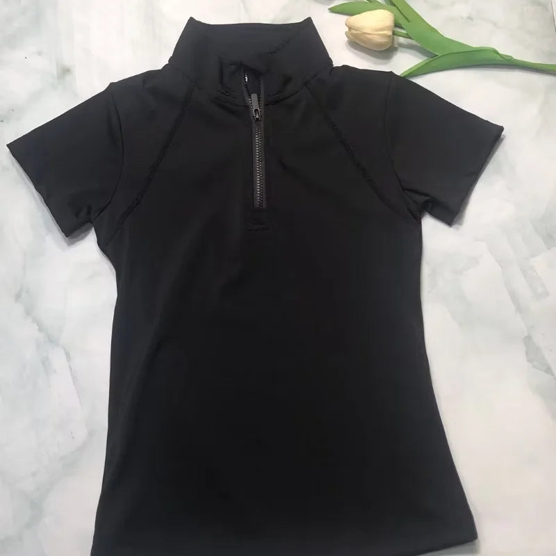MXLLINA Girls Equestrian Short Sleeves Tops Woman's Summer Zipper Horse Riding T-Shirts Sports Base Layer Competition Show Top