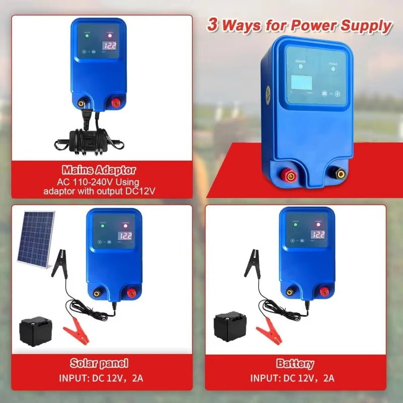 10km 1.5J Electric Fence Energizer Farm Animals Electronic Pulse Fence Controller for Cattle Sheep Livestock Pasture Fence Device 12V