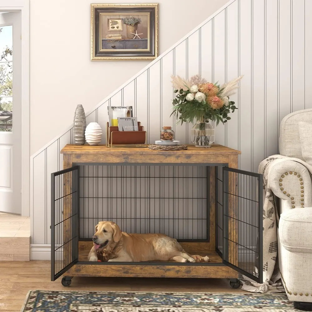Dog Crate Furniture, Wooden Table, Dog Kennel with 3 Doors, Flip-up Top Opening and Wheels, Decorative Pet Crate House