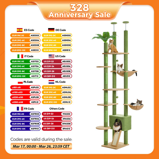 Cactus Cat Tree Floor to Ceiling Adjustable Height Cat Condo Cozy Hammock and Scratching Post Tall Activity Tree