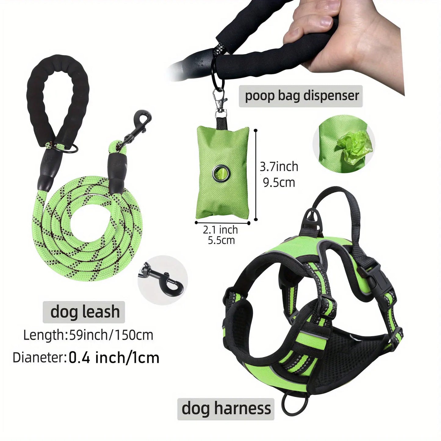 3pcs Escape-Proof Dog Harness Set with Leash and Poop Bag Dispenser for Medium and Large Dogs Walking, Adjustable