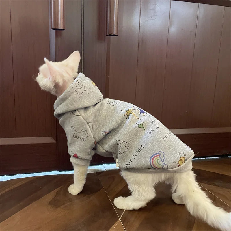 Thick Grey Fleece Hooded Sweatshirt for Sphinx Cat in Winter Long Sleeves Warm Cartoon Kittens Jacket Coat for Devon Rex