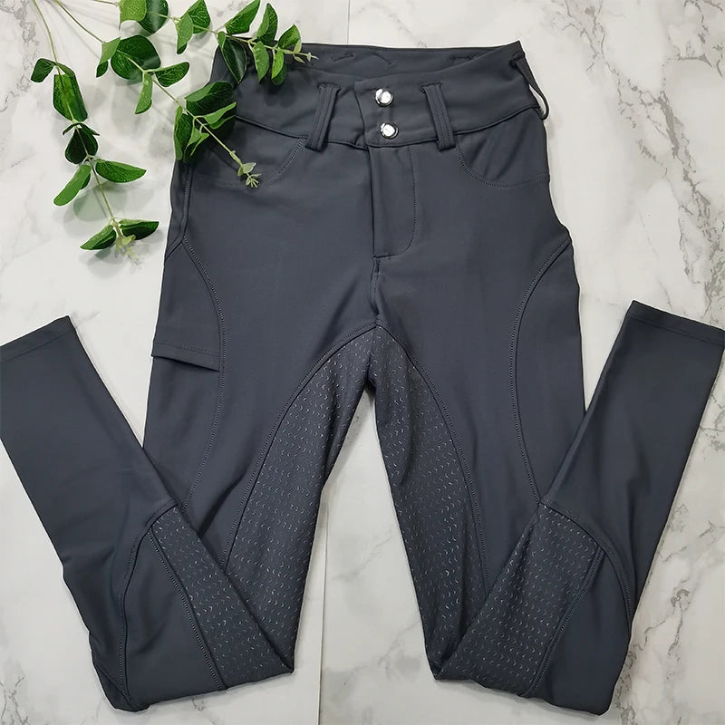 MXLLINA Button Zipper Horse Riding Pants Women Equestrian Leggings Breeches Competition Full Silicone Sports Tights