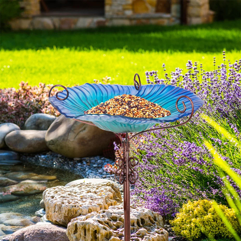 Large Outdoor Glass Bird Bath Garden Feeding Bowls Water Bath Spa Table Balcony Wild Birds