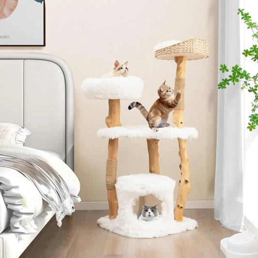 Cat Tree for Indoor Cats, Solid Wood Modern Cats Tower with Top Cattail Basket Cats Bed, Side Perch, Large Platform