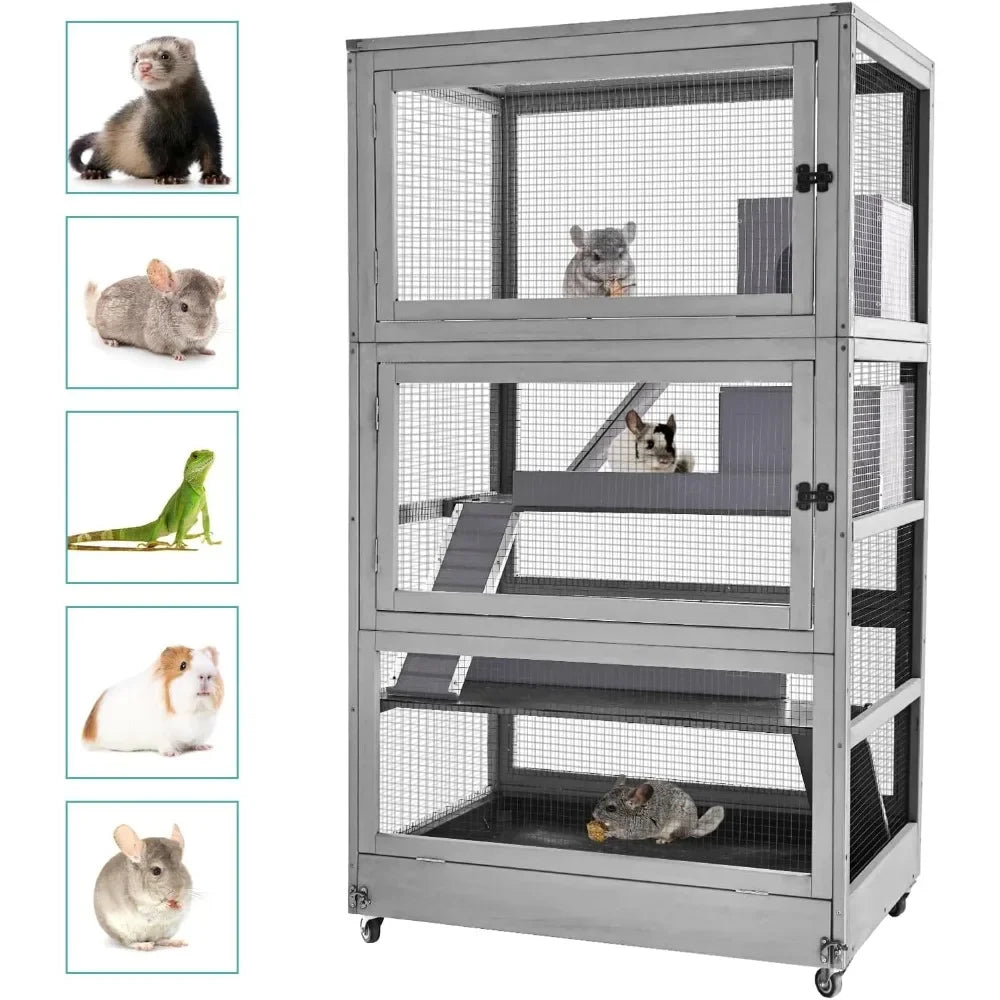 Large Guinea Pig Cage, Wooden Ferret Cage with Wheels, Chinchilla Cage Upgrade Metal Frame Rat Cage for Indoor Outdoor