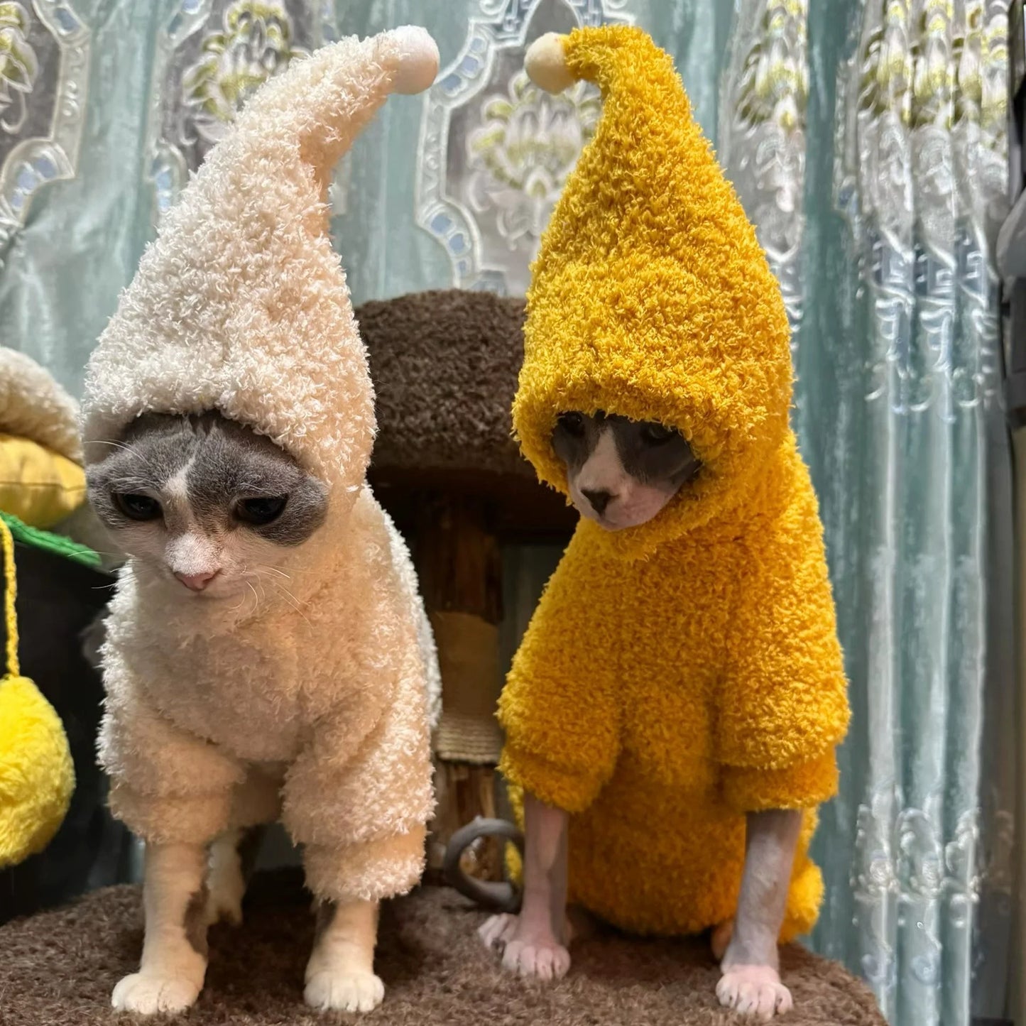 Winter Warm Plush 4-legged Sweatshirt Hat Suit for Devon Rex in Winter Soft Yellow Red Sweater for Sphynx Cat Kittens Khaki Coat