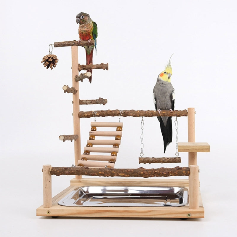 Pet Parrot Play stand Parrots Bird Playground Bird Plays Stand Wooden Perch Playground Ladder with Steel Feeder Plate
