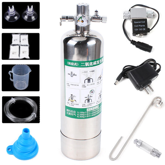 2L Stainless Steel CO2 Generator System Kit - Aquarium Plant Carbon Dioxide Reactor with Bubble Counter & 25cm Refiner