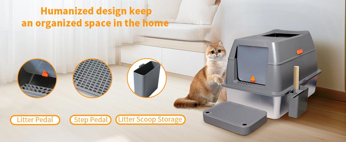 4-Style Cat Litter Box with Lid Large Kitty Litter Box Enclosed with High Sided Enclosure Scoop Non-Sticky