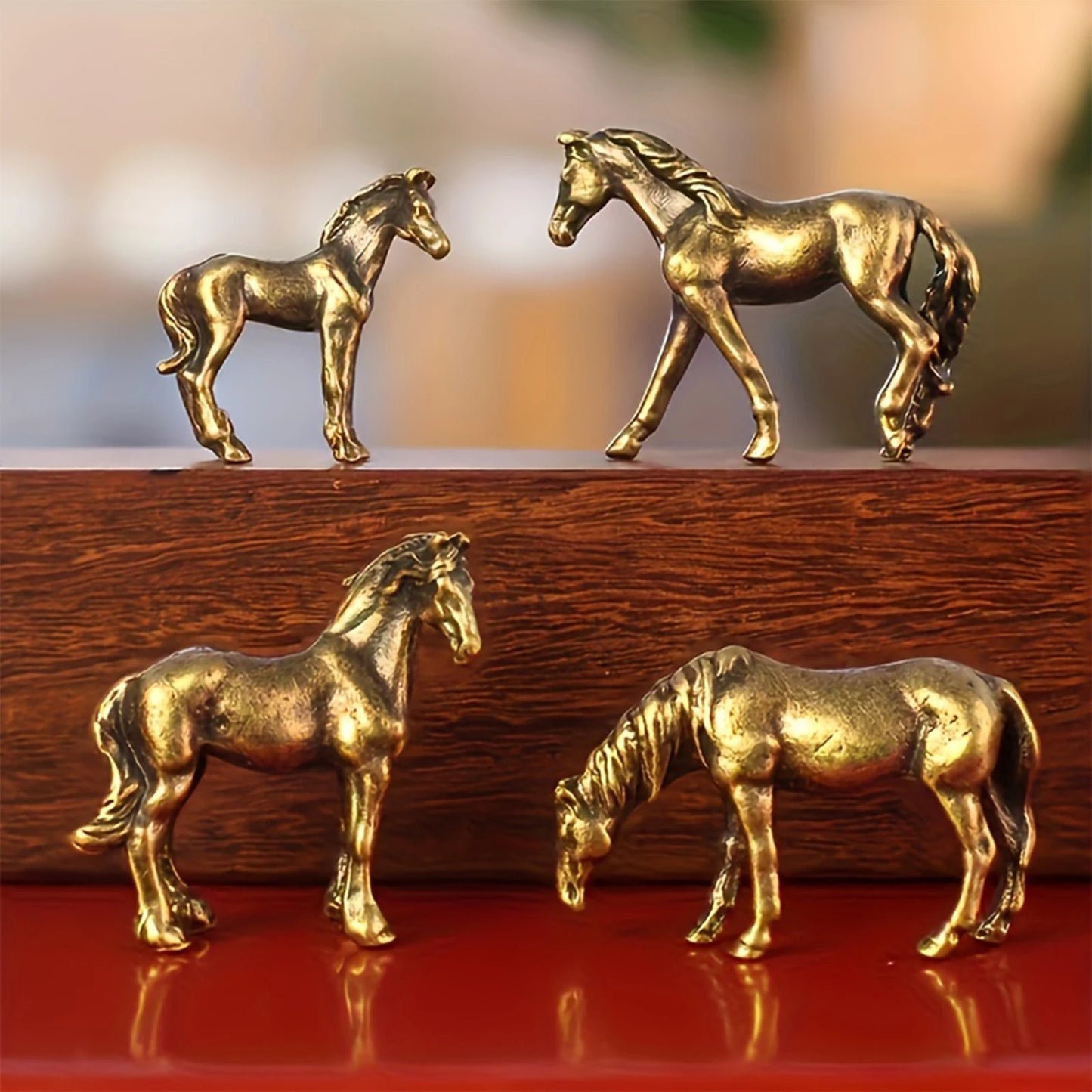 Miniature Antique Brass Long Tail Horse Figurines Feng Shui Ornament Copper Zodiac Animal Mini Desktop Crafts Home Decor