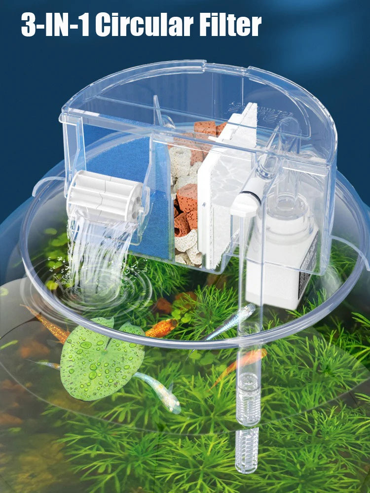 3-IN-1 Circular Fish Tank Filter ,Aquarium Hang on Filter, Water Purification, Waterfall Filter, Top Filter, Aquarium Accessories 4W