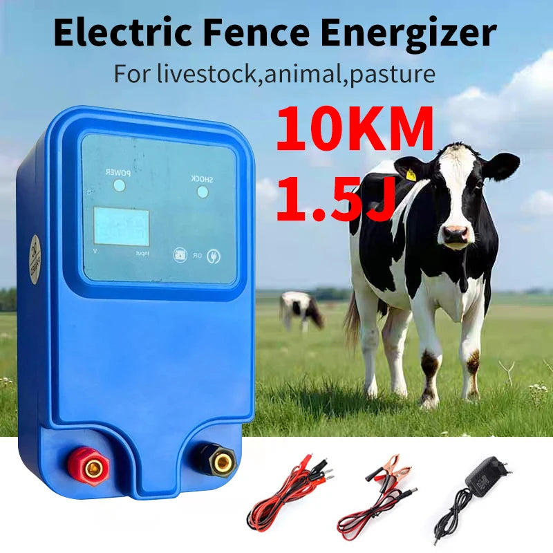 10km 1.5J Electric Fence Energizer Farm Animals Electronic Pulse Fence Controller for Cattle Sheep Livestock Pasture Fence Device 12V