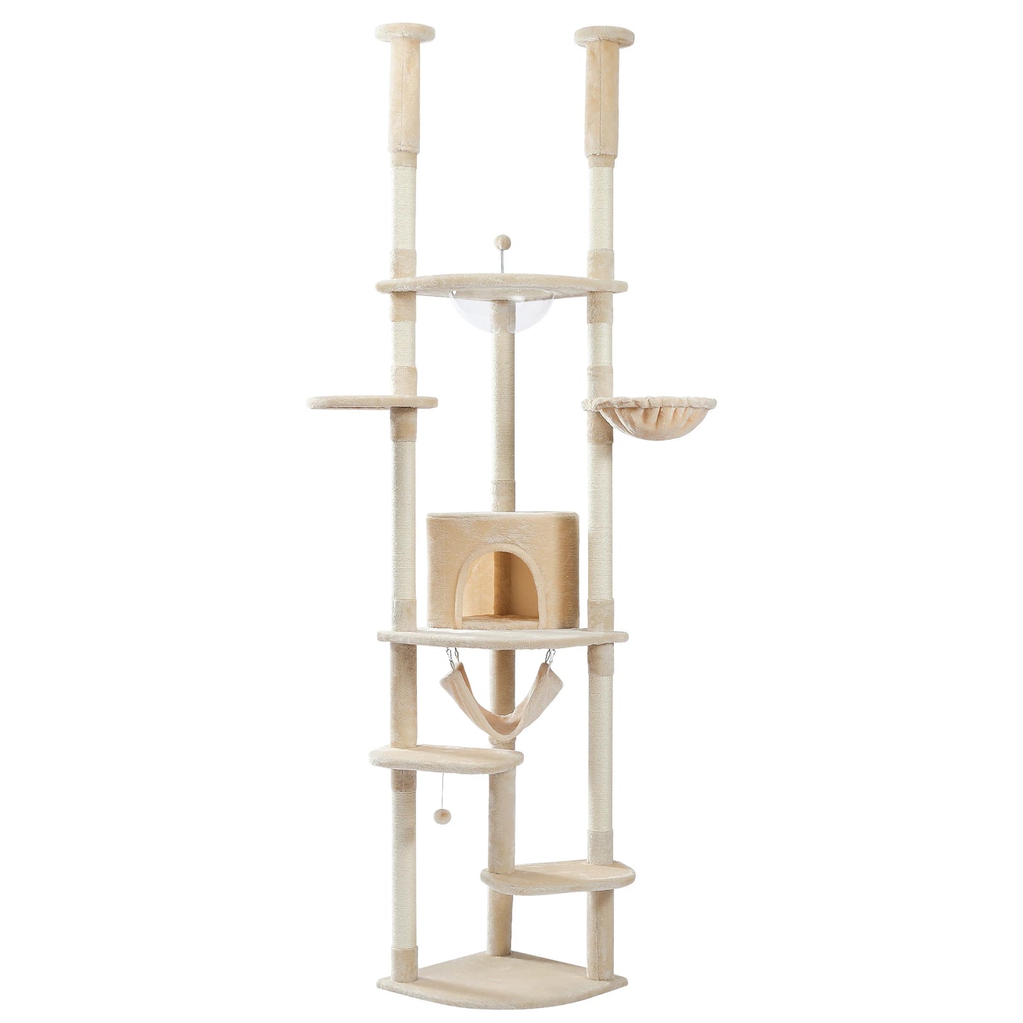Floor to Ceiling Cat Tree Adjustable Cat Tower Tall Kitty Climbing Play House Tall Kitty Climbing Play House with Scratching Posts Cozy Condo Perches Hammock