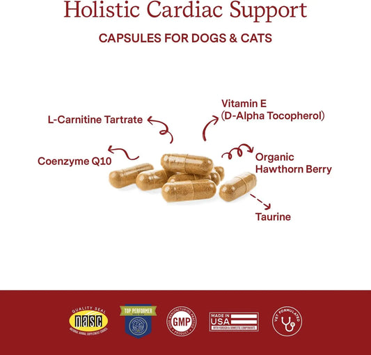 Cardiac Supplement for Dogs & Cats – 120 Capsules - Vet Created -Cardiovascular Function & Strength-Taurine, CoQ10,