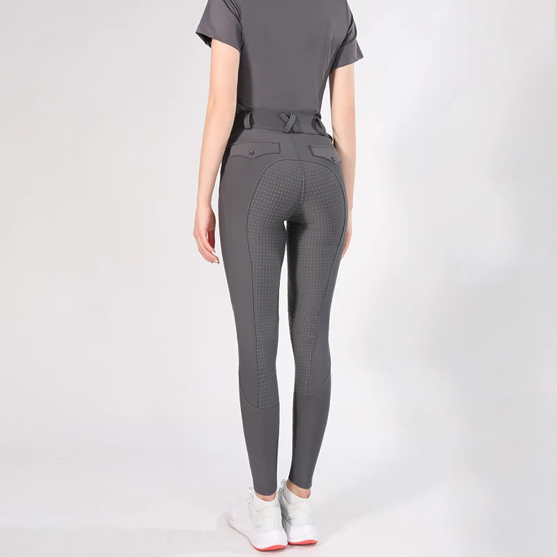 MXLLINA Button Zipper Horse Riding Pants Women Equestrian Leggings Breeches Competition Full Silicone Sports Tights