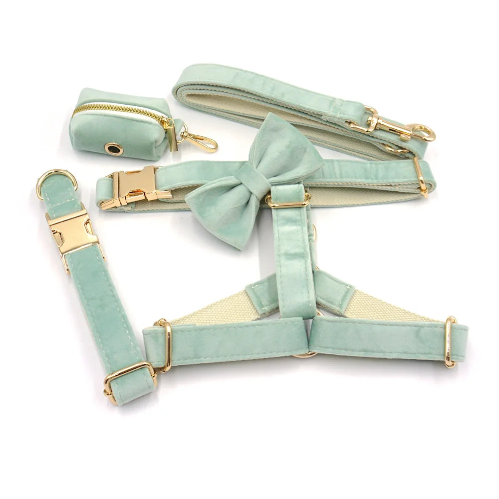 Green Tea Velvet Free Custom Dog Harness Soft Luxury Designer Dog Collar for Small Dogs Personalized Bowtie Collar Lead Poop Bag
