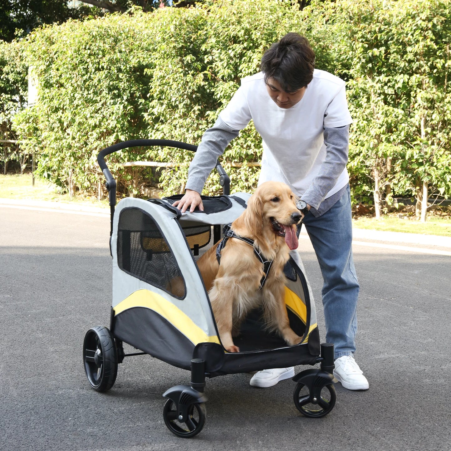 Dog Stroller Ultra-large 4 Wheels Pet Jogger Wagon Foldable Cart Travel Trolley Outdoor Animal Carrier Load Up To 55kg or 121.254 lbs adjustable handle