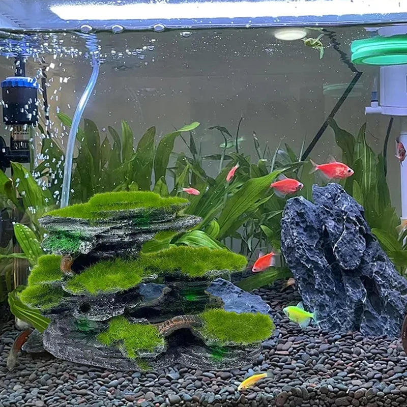 Aquarium Mountain View Stone, Aquarium View Stone, Mossed Aquarium Hideout, Submersible Resin Aquarium Decorations Large