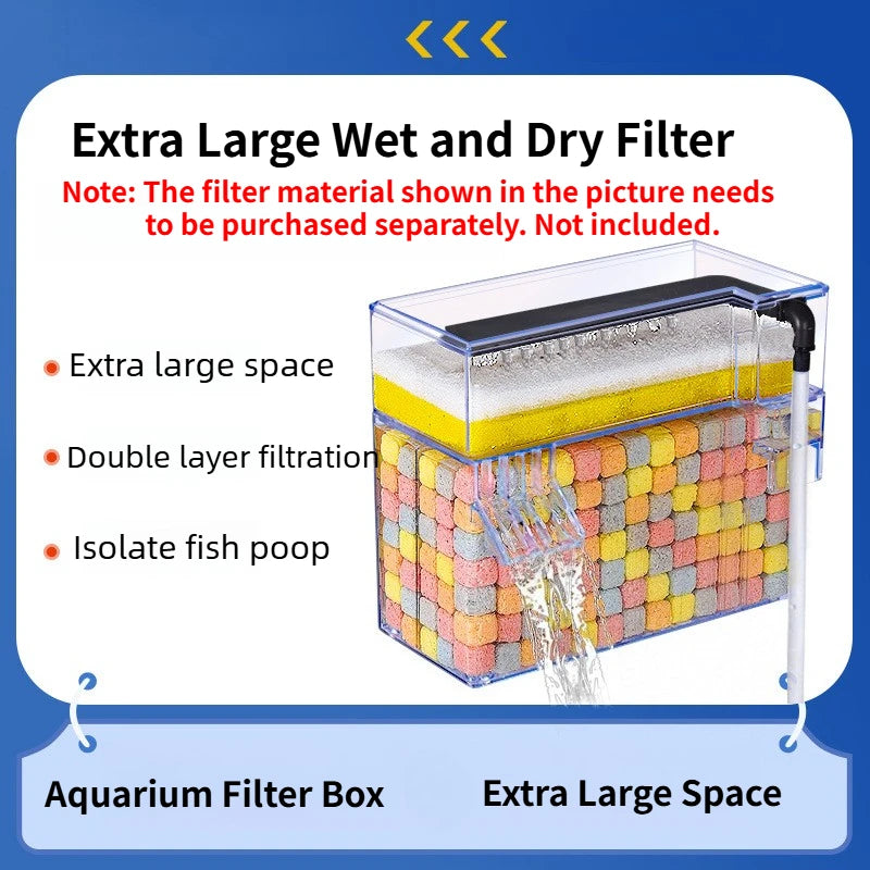 2-Tier Dry-Wet Separation Aquarium Filter Box Ultra-Quiet Wall-Mounted 3-in-1 Drip Filter Box for Small Medium Fish Turtle Tanks