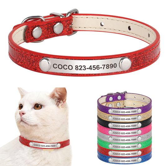 Custom Cat Collar Bling Leather Cat Collars Personalized Kitten Cat Small Dogs Puppy Collar With Engraved ID Nameplate