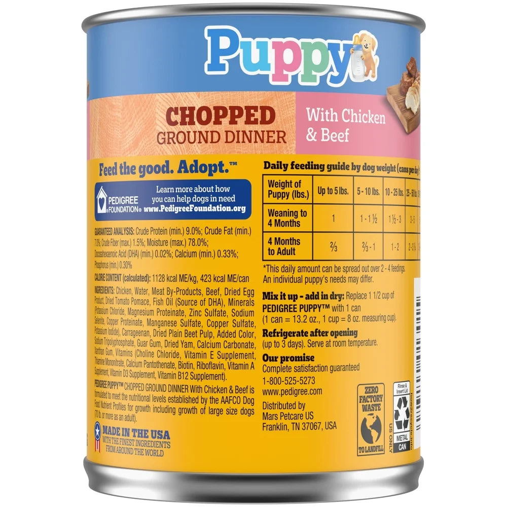 12 Pack Chopped Ground Wet Dog Food Puppies Chicken Beef Flavor 13.2 Oz Can Nutrient Rich Calcium DHA Healthy Development