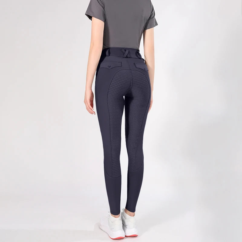 MXLLINA Button Zipper Horse Riding Pants Women Equestrian Leggings Breeches Competition Full Silicone Sports Tights