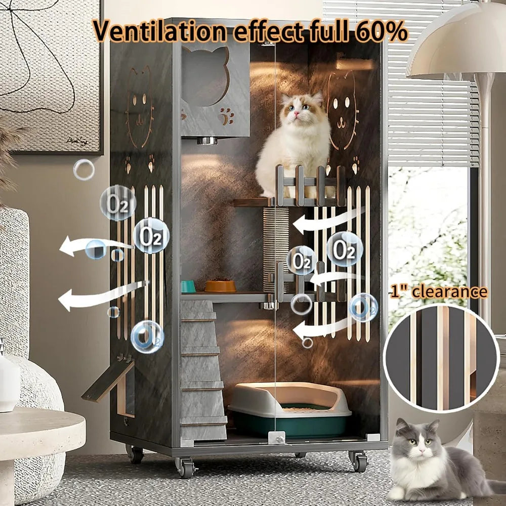 Wooden House Large Space with Scratching Post, Indoor/Outdoor Cat Enclosure with Wheels, Multi-Feature Enclosed Cat Houses