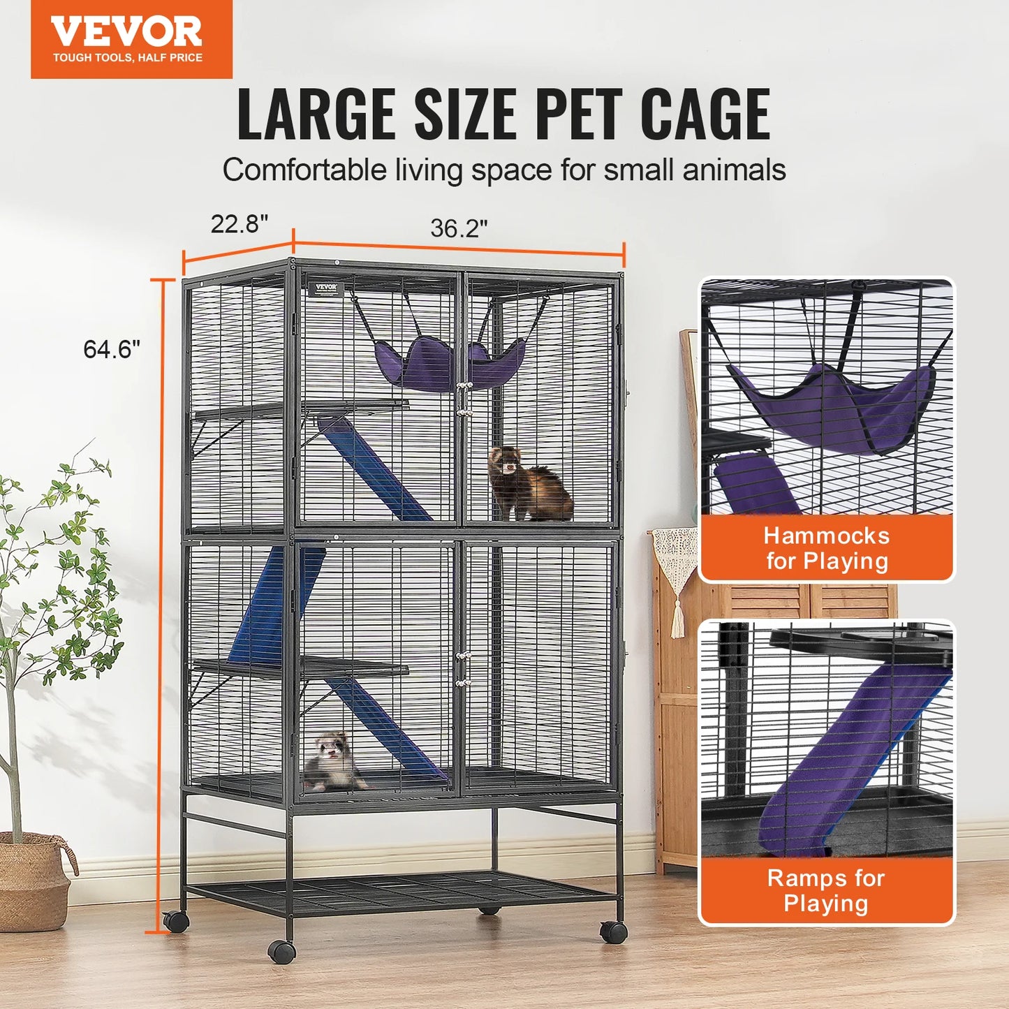 VEVOR 64.6" Rolling Metal Ferret Cage Large 4-Tier Critter Nation Cage Small Animal Cage for Pet Rats Hamster Guinea Pig Chinchilla