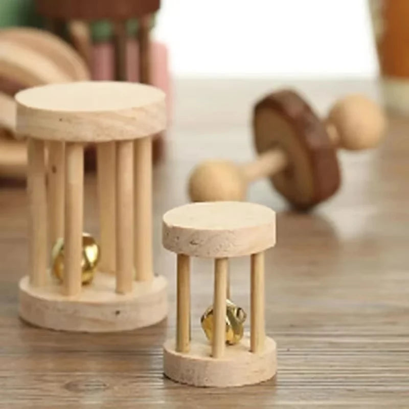 Guinea Pig Rabbit Hamster Small Animal Play Pet Roller Toys Natural Wooden Pine Dumbbells Unicycle Bell Chew Chewing Braided Ball