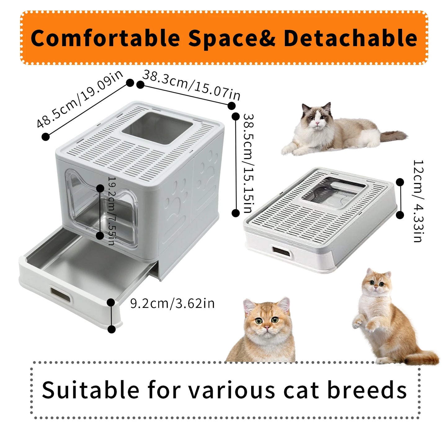 Bingopaw Stainless Steel Cat Litter Box with Lid Front Entry and Top Exit Toilet Box with Litter Scoop for Kittens, Easy Cleaning