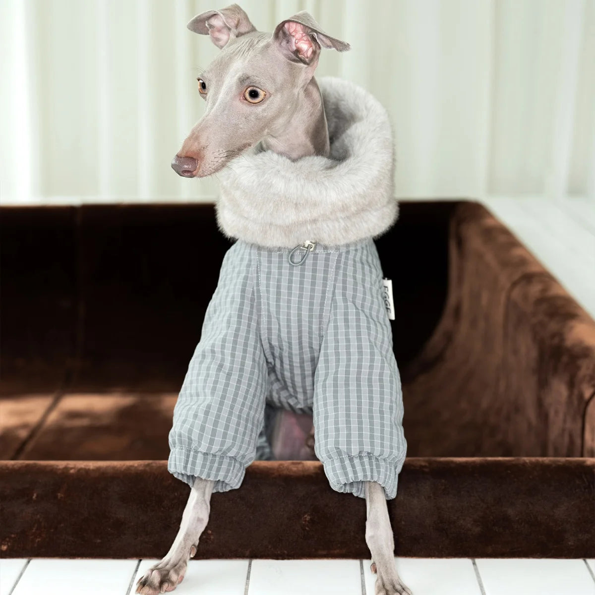 Thick Plaid Down Coat for Dogs in Winter Waterproof Windproof Grey Warm 4-leg Mink Fur Collar Puffer Jacket for Italy Greyhound