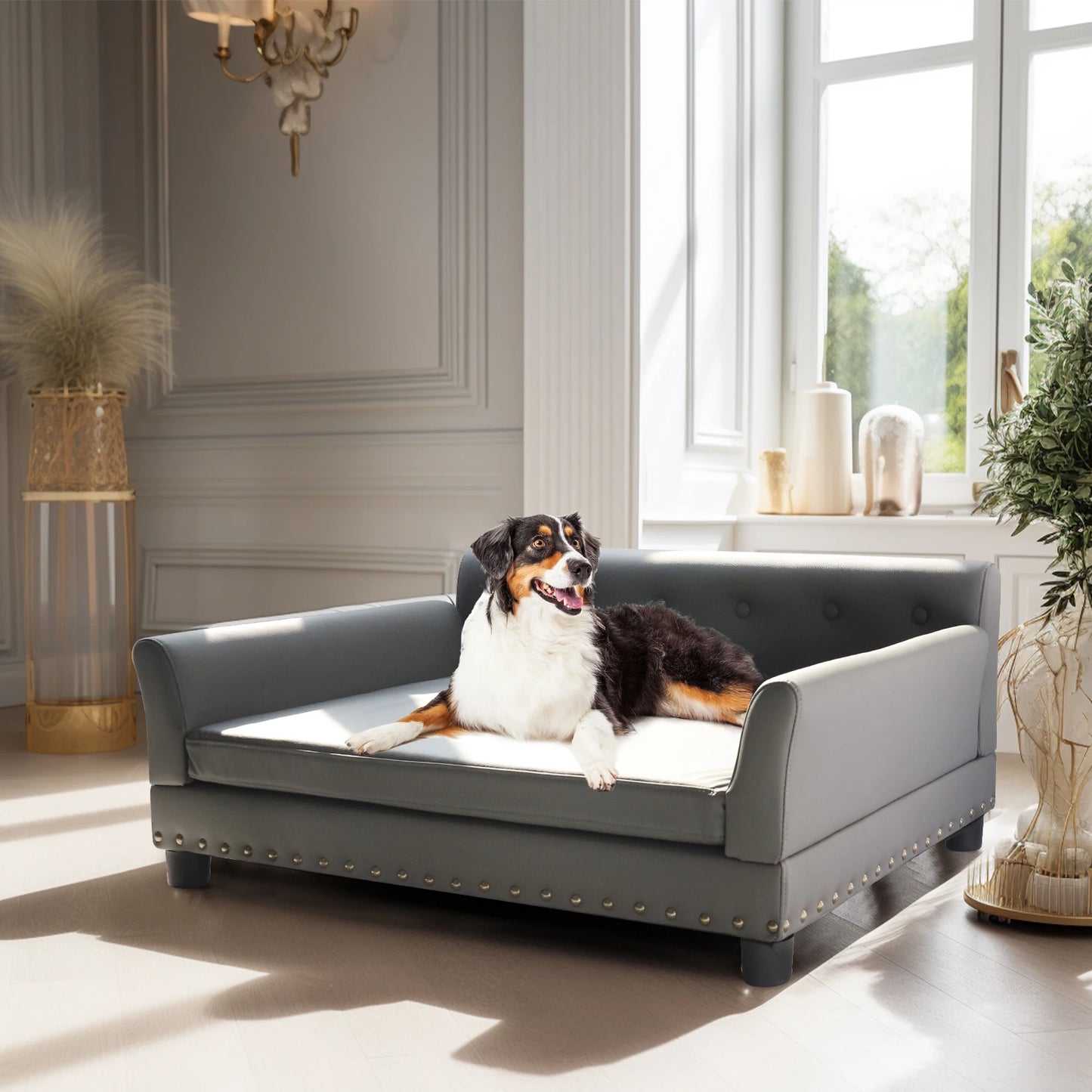 Elevated Luxurious Dog Bed Sofa Microfiber Leather Cover Extra Large with Removable Cushion