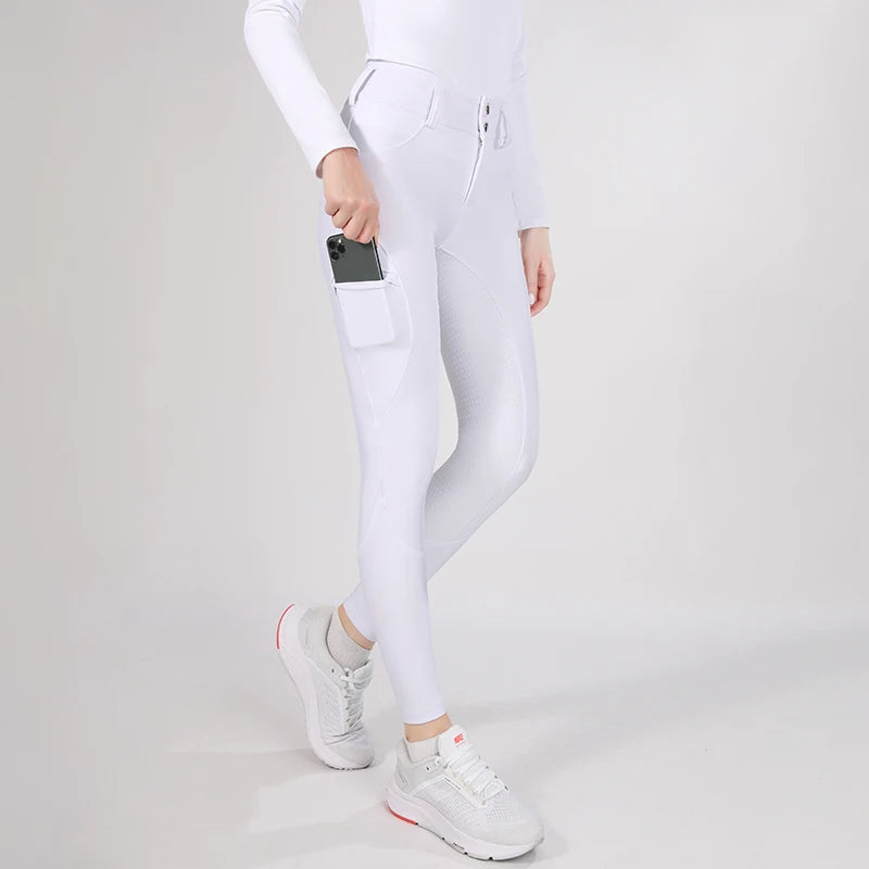 MXLLINA Button Zipper Horse Riding Pants Women Equestrian Leggings Breeches Competition Full Silicone Sports Tights