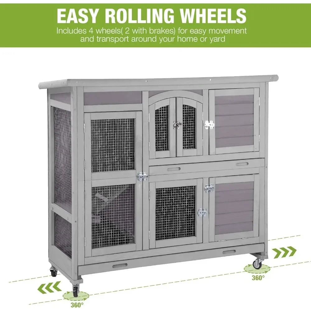 Rabbit Hutch Indoor Outdoor Bunny House Bunny Cage on Wheels with Plastic Tray-47inch