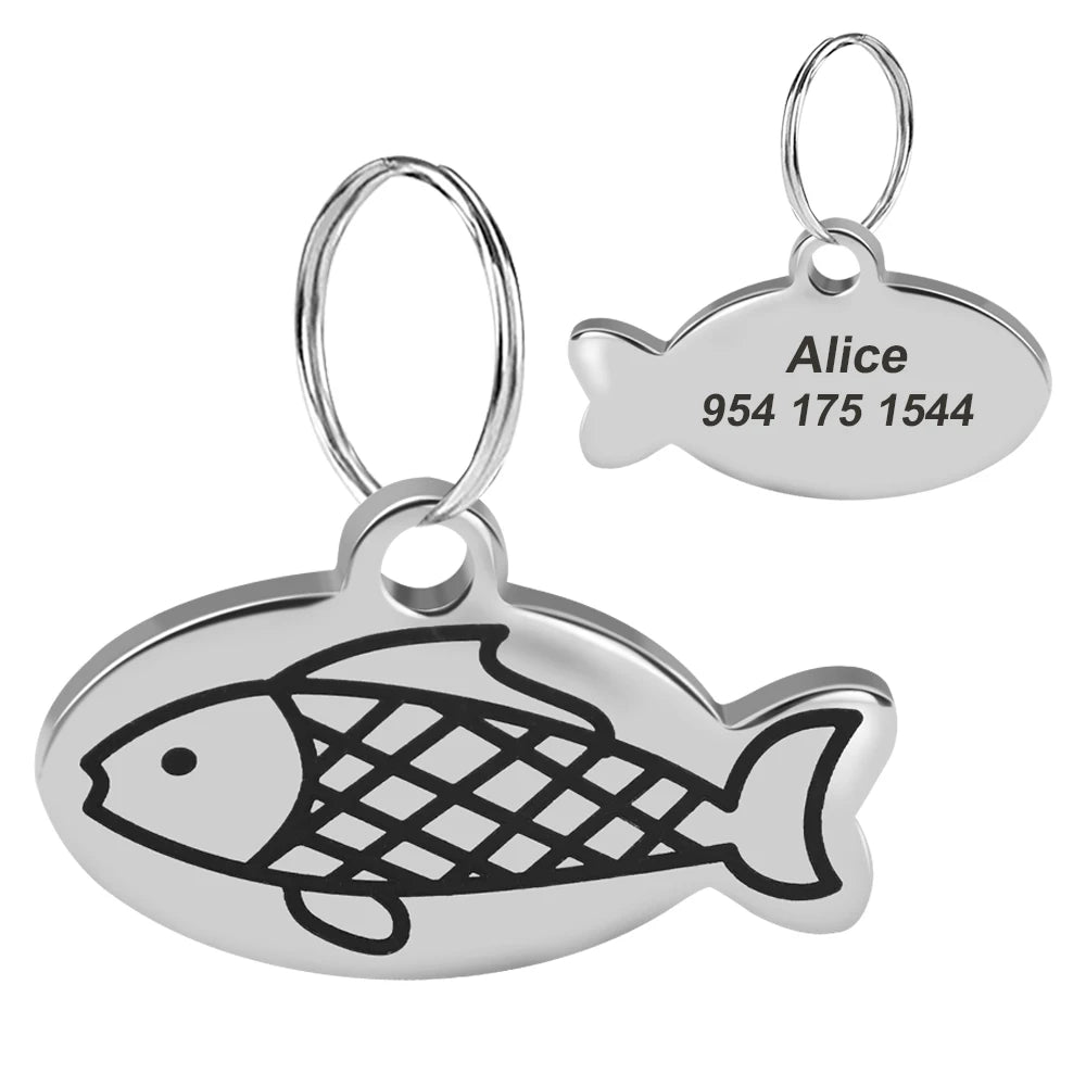 Cute Cat Tag Small Dog ID Tags Free Engraved Name Cats Kitten Name Tag Anti-lost Pet Collar Pendant Fish Shape & Cat Face Tags