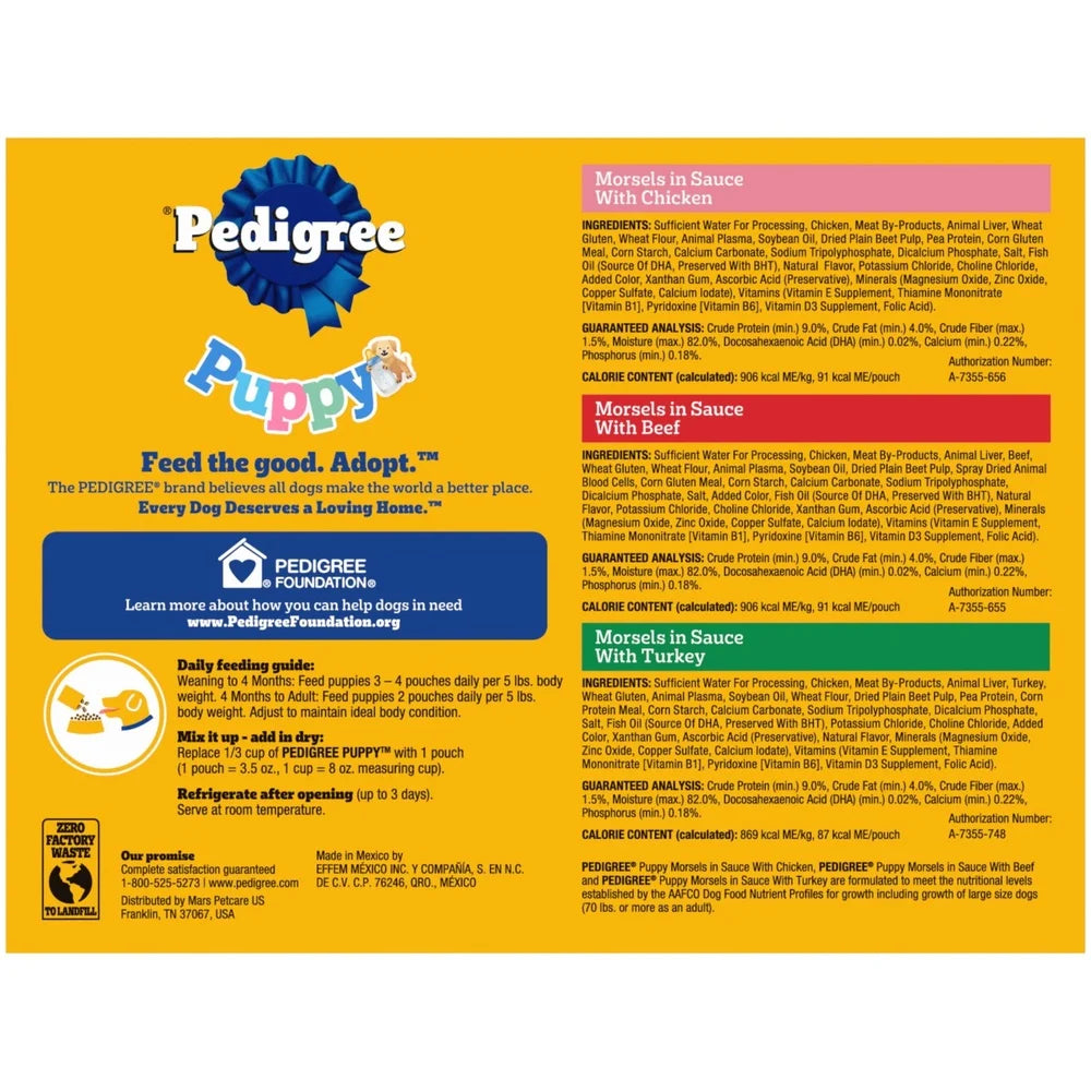 Puppy Wet Dog Food Variety Pack 18 Pouches 3.5 Oz Real Chicken Beef Turkey DHA Calcium Complete Balanced Nutrition