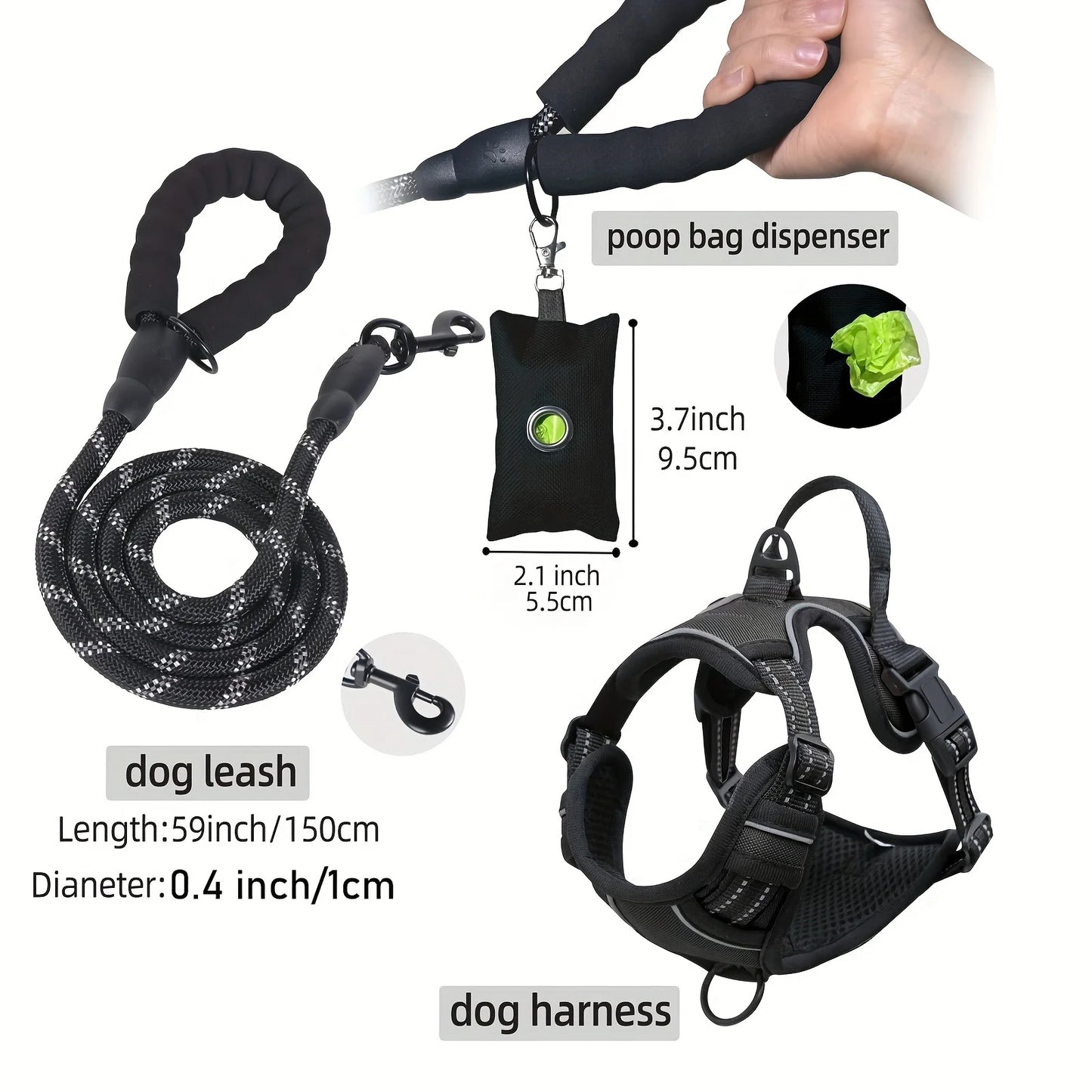 3pcs Escape-Proof Dog Harness Set with Leash and Poop Bag Dispenser for Medium and Large Dogs Walking, Adjustable