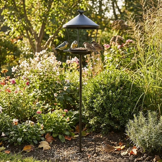 Weatherproof Standing Bird Feeder Spill Guard Large Capacity Wild Bird Feeding Station Anti-Waste Iron Birdbath Stand Courtyard