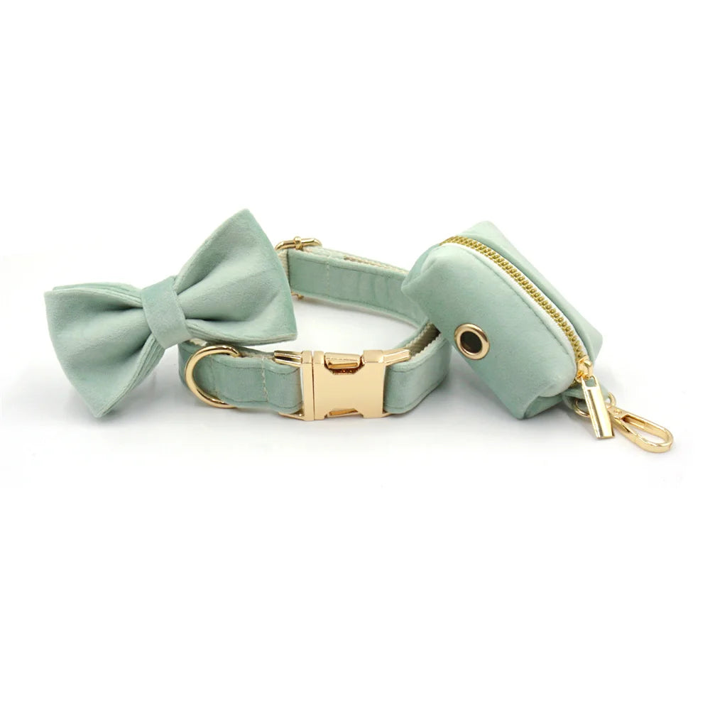 Green Tea Velvet Free Custom Dog Harness Soft Luxury Designer Dog Collar for Small Dogs Personalized Bowtie Collar Lead Poop Bag