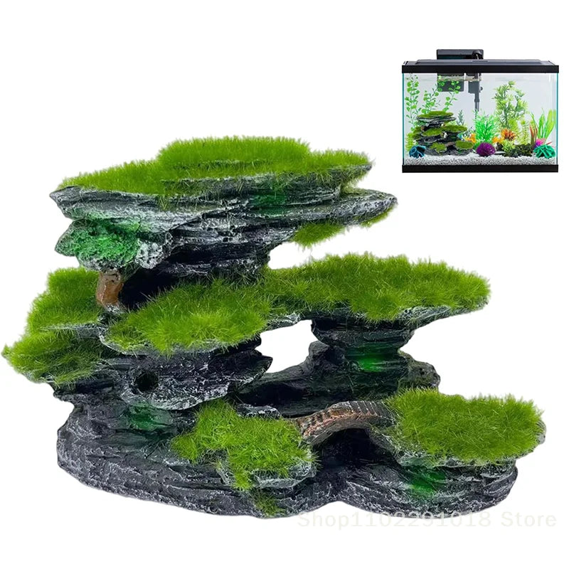 Aquarium Mountain View Stone, Aquarium View Stone, Mossed Aquarium Hideout, Submersible Resin Aquarium Decorations Large