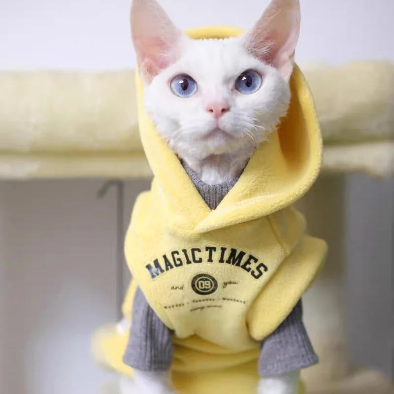 Thick Yellow Fleece Hooded Sweatshirt for Sphynx Cat Grey Short sleeved Coat for Devon Rex in Winter Soft Loungewear for Kittens