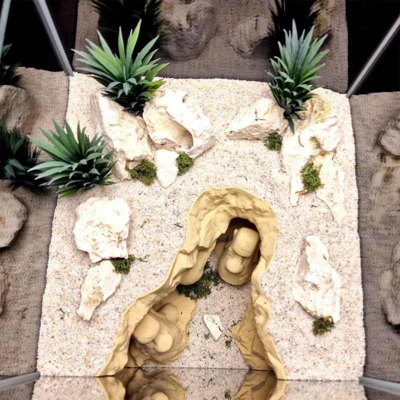 Simulated Rock Cave with Undulating Substrate Sand Terrain, Easter Island Heads Themed Aquascape, Hiding House for Fish & Shrimp